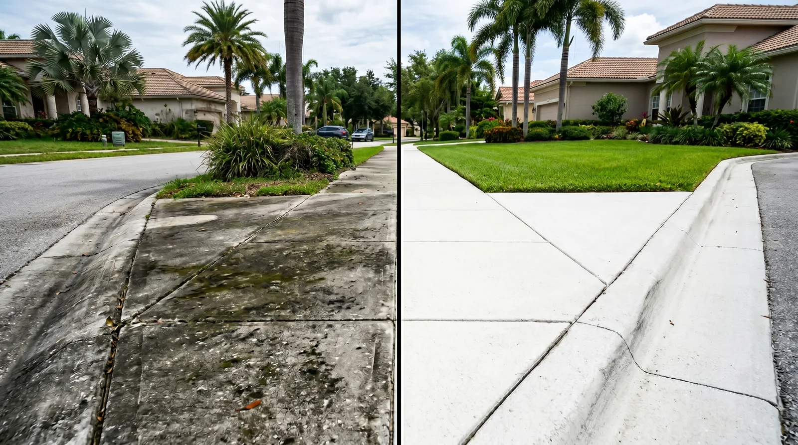 Before and after sidewalk pressure washing